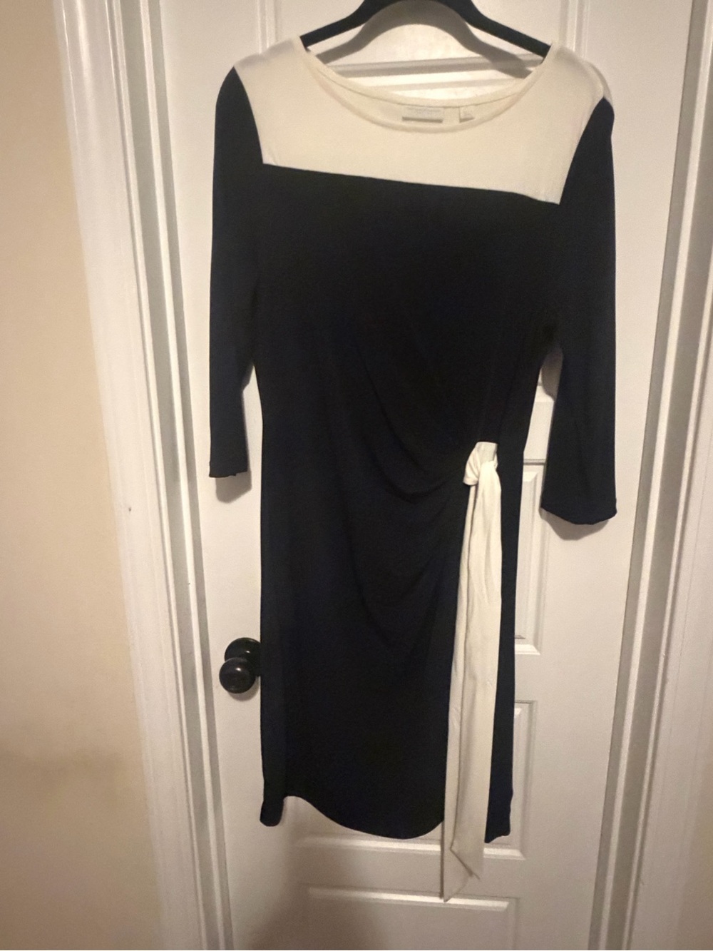 New York & Company Black and Ivory Midi Tie-Waist Dress